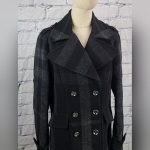 Burberry Double Breasted Pea Coat Winter Jacket Wool Check Plaid Plus Sz 14 US
